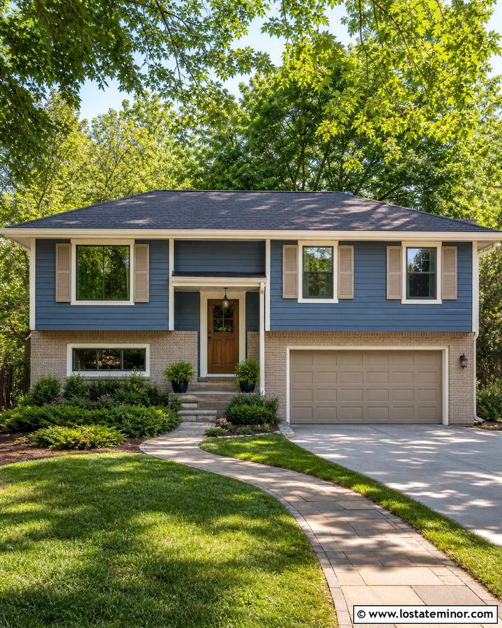 Denim Blue Split Level With Greige Shutters - 30 Denim Blue House Design With Shutters Ideas