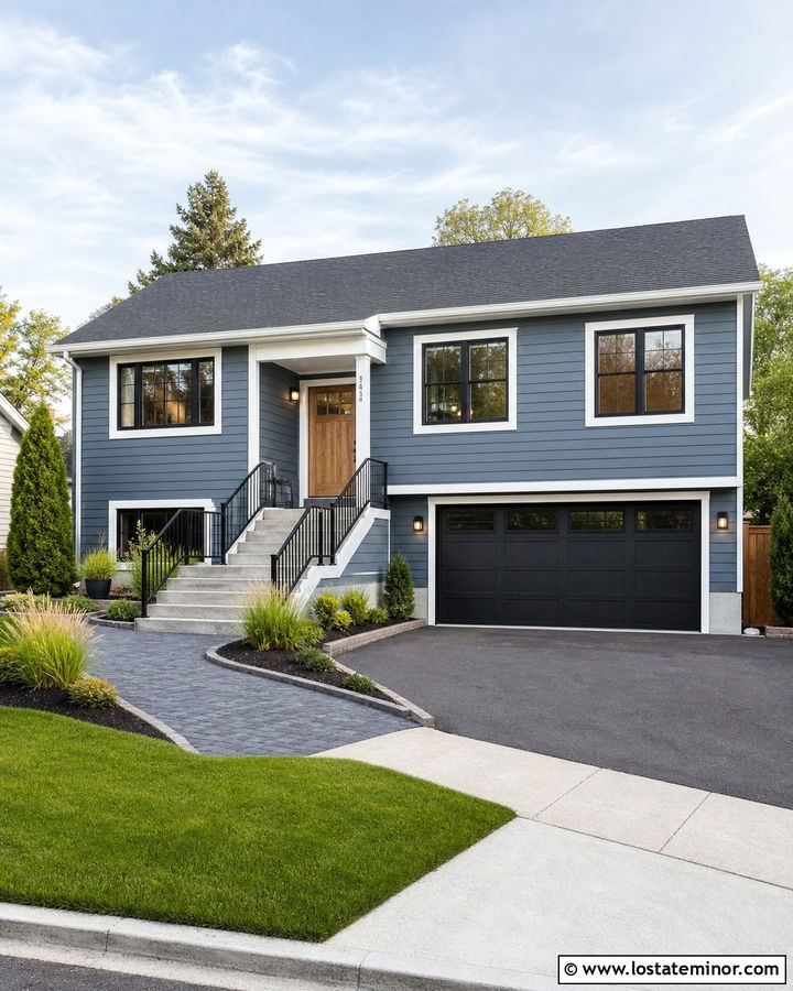 Denim Blue Split Level With Metal Railings - 30 Denim Blue House Design With Railings Ideas