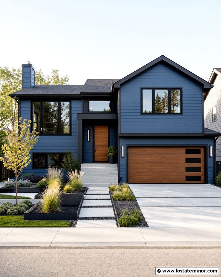 Denim Blue Split Level With Modern Concrete Landscaping - 30 Denim Blue House Design With Landscaping Ideas