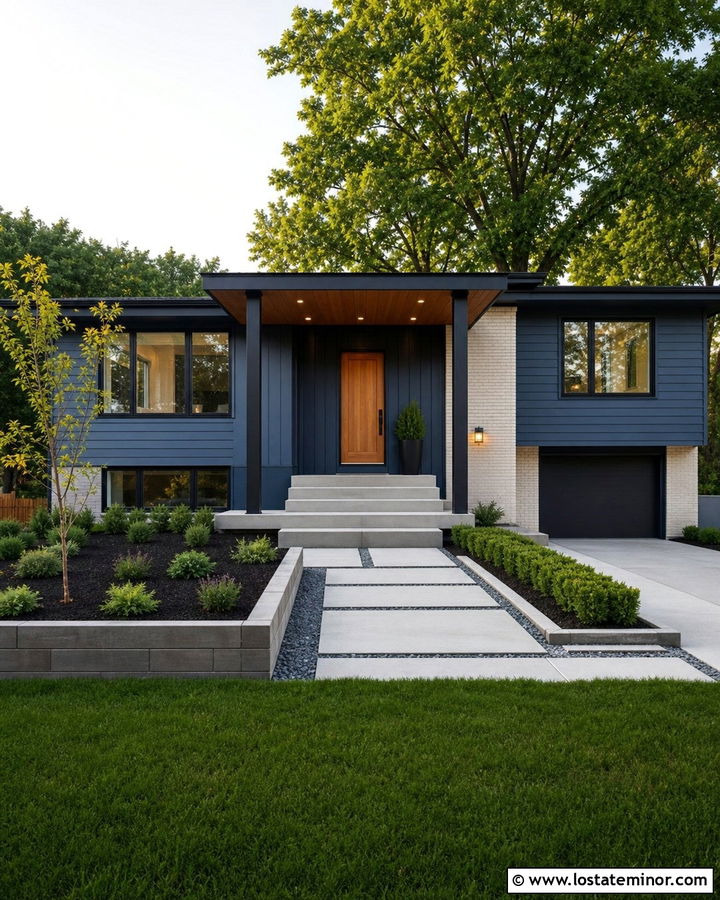 Denim Blue Split Level With Modern Front Porch - 30 Denim Blue House Design With Front Porch Ideas
