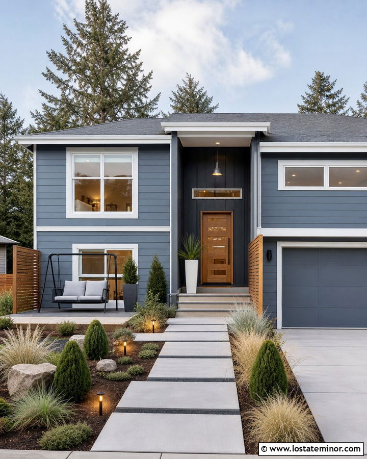 Denim Blue Split Level With Modern Swing - 30 Denim Blue House Design With Swing Ideas