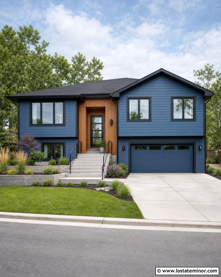 Denim Blue Split Level With Modern Wood Accents - 30 Denim Blue House Design With Accents Ideas