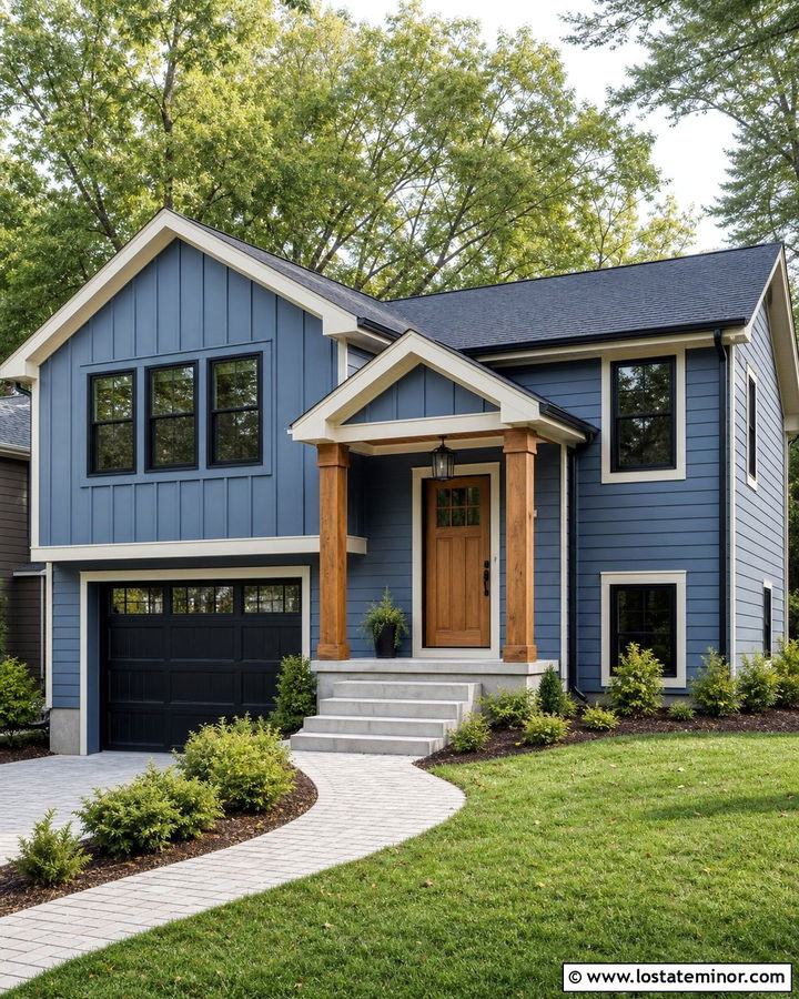 Denim Blue Split Level With Natural Wood Columns - 30 Denim Blue House Design With Porch Columns Ideas