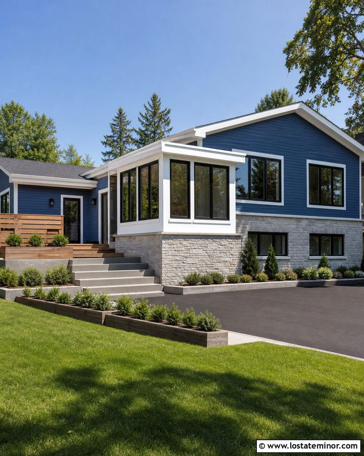 Denim Blue Split Level With Rear Sunroom - 30 Denim Blue House Design With Sunroom Ideas