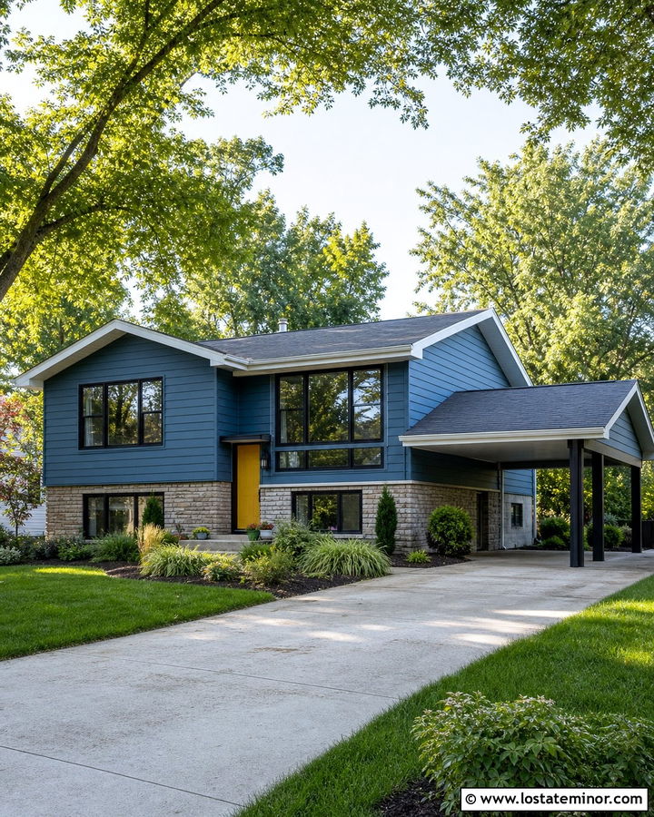 Denim Blue Split Level With Side Carport - 30 Denim Blue House Design With Carport Ideas