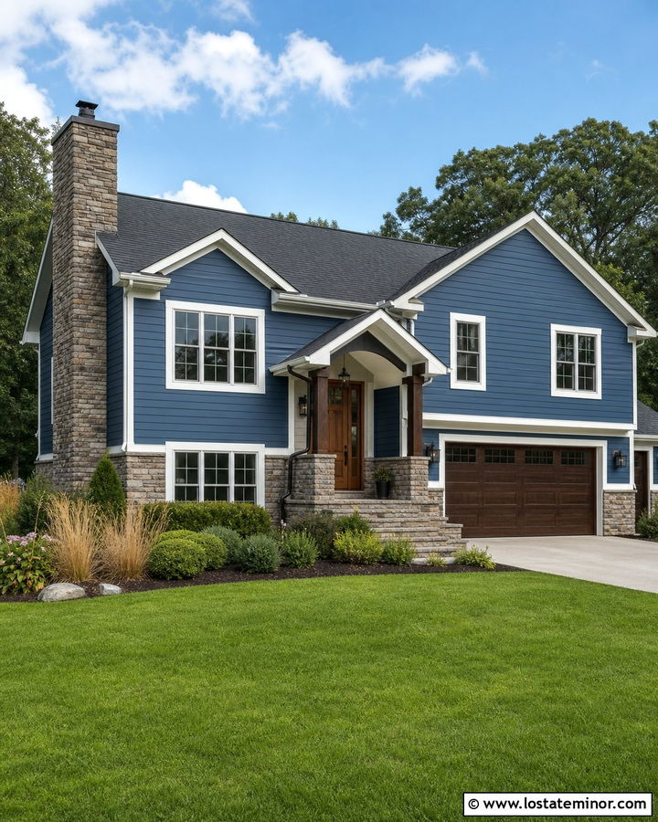Denim Blue Split Level With Stacked Stone Chimney - 30 Denim Blue House Design With Chimney Ideas