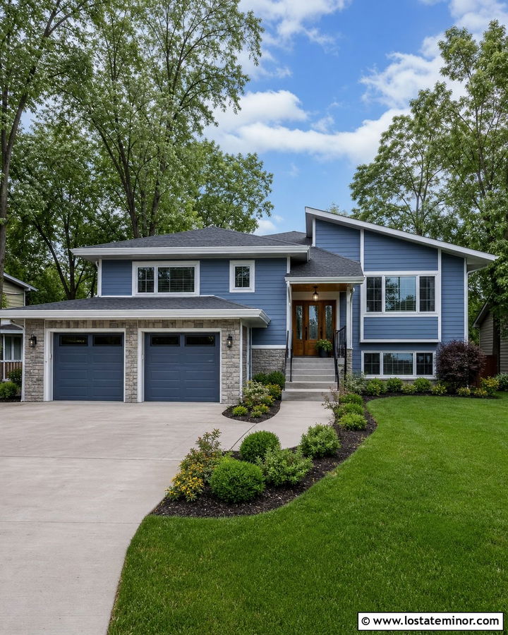 Denim Blue Split Level With Stone Garage - 30 Denim Blue House Design With Stone Accents Ideas