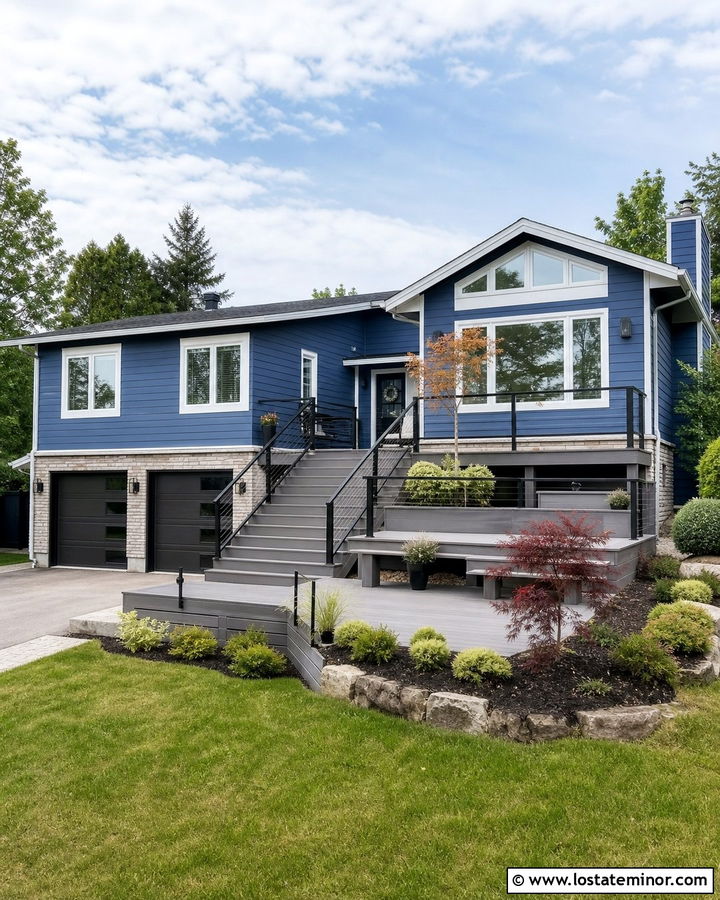 Denim Blue Split Level With Two Tier Deck - 30 Denim Blue House Design With Deck Ideas