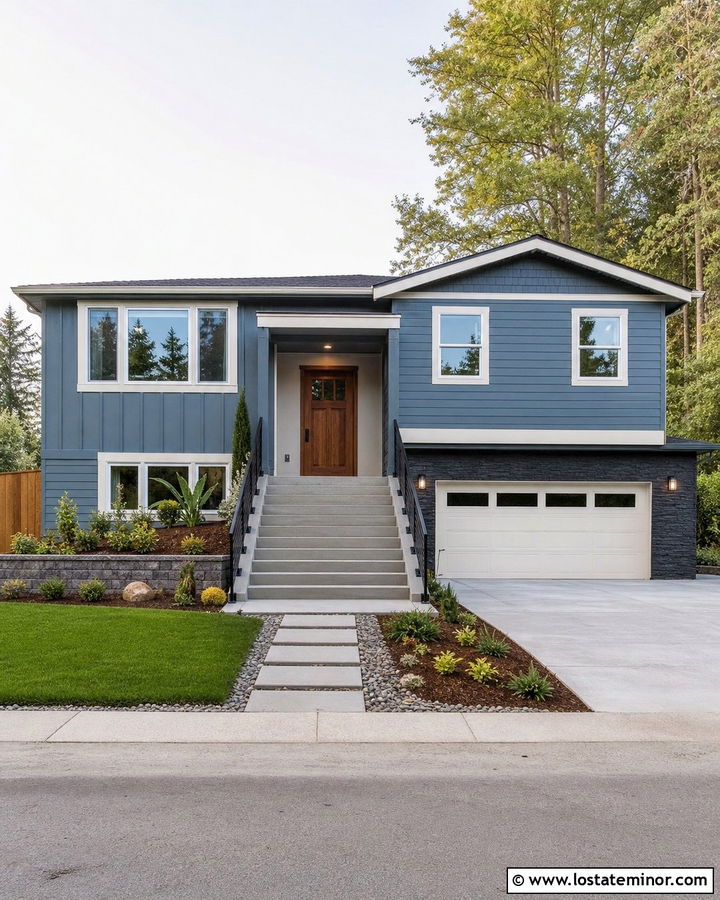 Denim Blue Split Level With Wide Entry Steps - 30 Denim Blue House Design With Steps Ideas