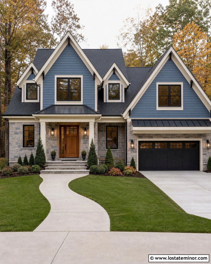 Denim Blue Stone House With Black Cage Lights - 30 Denim Blue House Design With Light Fixtures Ideas