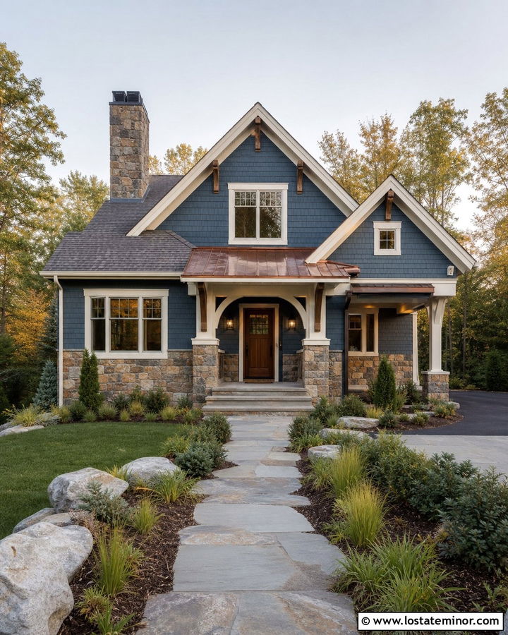 Denim Blue Stone House With Copper Awning - 30 Denim Blue House Design With Awning Ideas