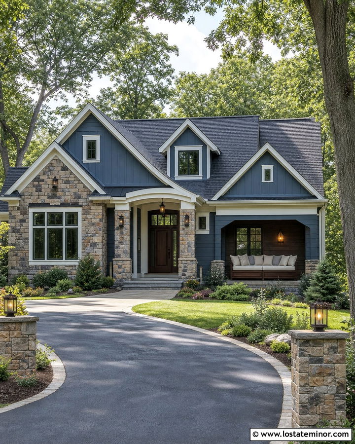 Denim Blue Stone House With Recessed Daybed - 30 Denim Blue House Design With Daybed Ideas