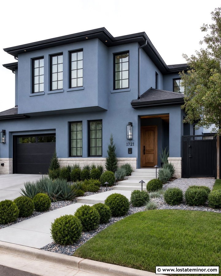 Denim Blue Stucco House With Black Window Frames - 30 Denim Blue House Design With Window Frames Ideas