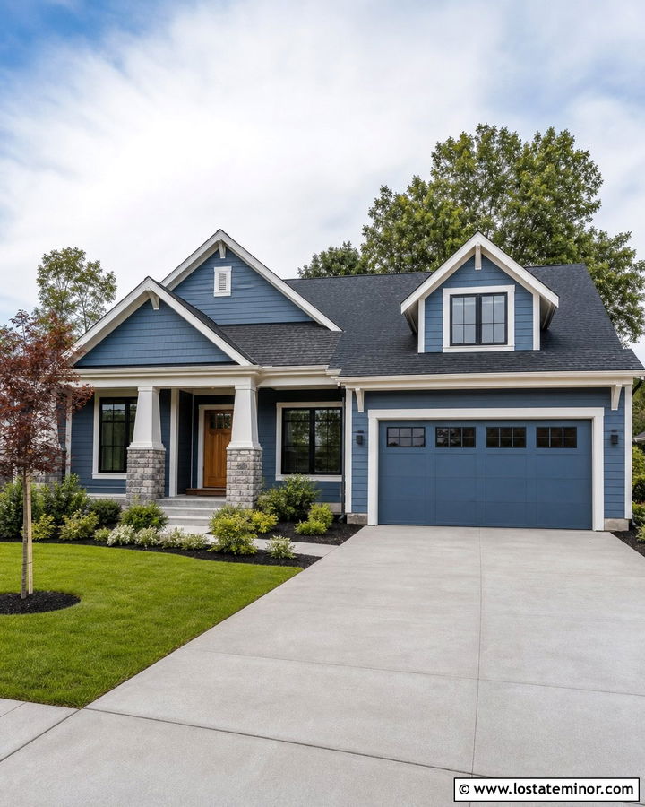 Denim Blue Suburban House With Garage Dormer - 30 Denim Blue House Design With Dormers Ideas