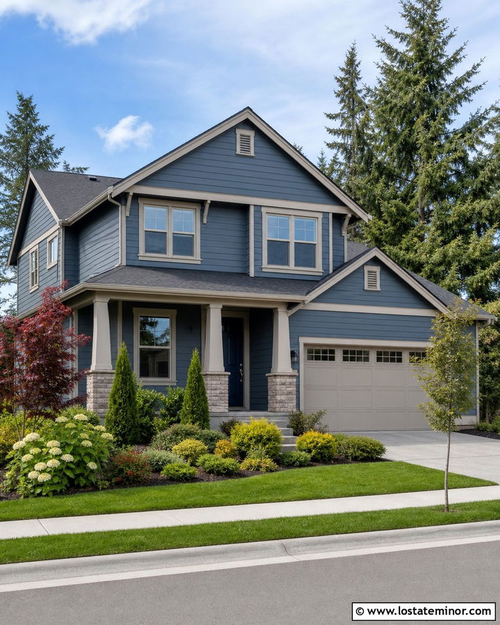 Denim Blue Suburban House With Greige Window Frames - 30 Denim Blue House Design With Window Frames Ideas
