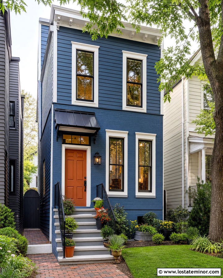 Denim Blue Townhouse With Entry Awning - 30 Denim Blue House Design With Awning Ideas