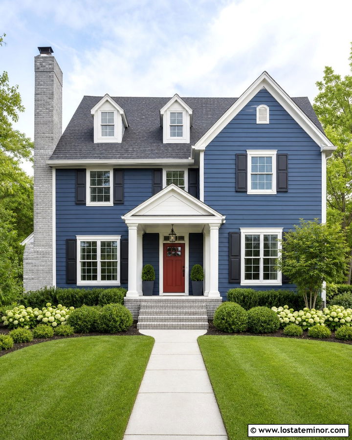 Denim Blue Traditional House With Gray Brick Chimney - 30 Denim Blue House Design With Chimney Ideas