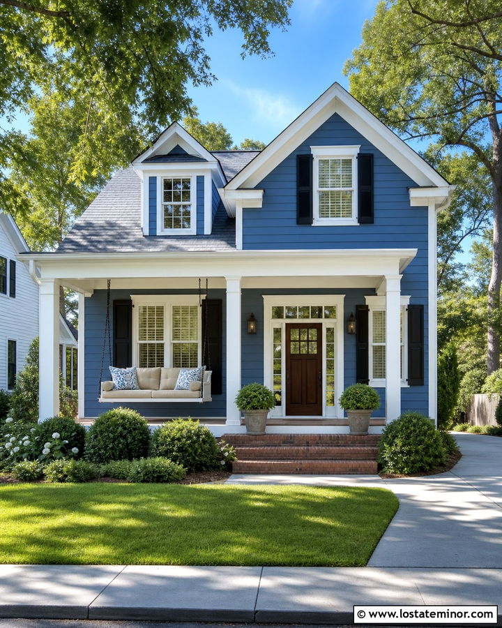 Denim Blue Traditional House With Swing Daybed - 30 Denim Blue House Design With Daybed Ideas