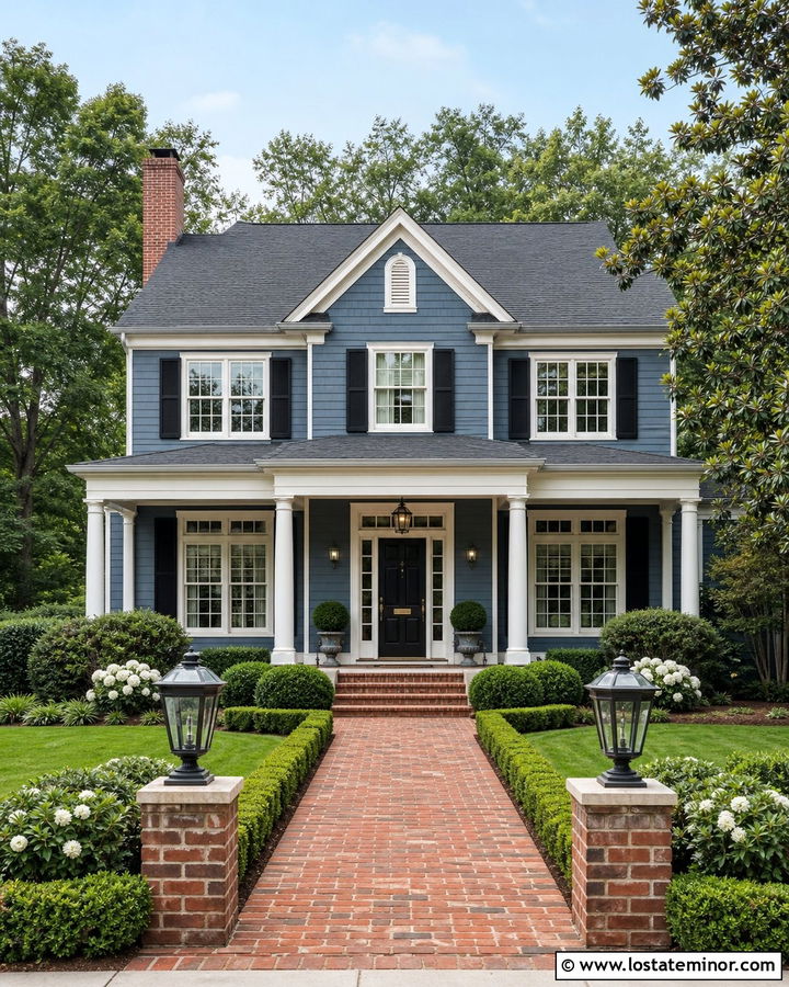 Denim Blue Traditional House With White Frames And Red Brick - 30 Denim Blue House Design With Window Frames Ideas