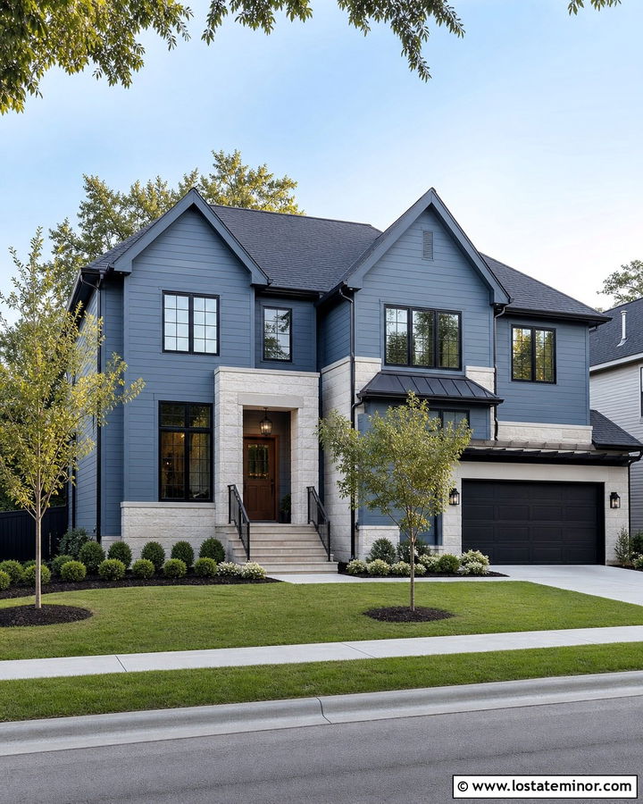 Denim Blue Transitional House With Black Frames And Stone - 30 Denim Blue House Design With Window Frames Ideas