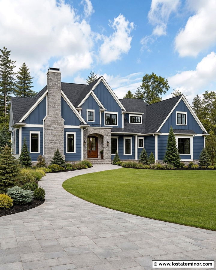 Denim Blue Transitional House With Stone Chimney - 30 Denim Blue House Design With Chimney Ideas
