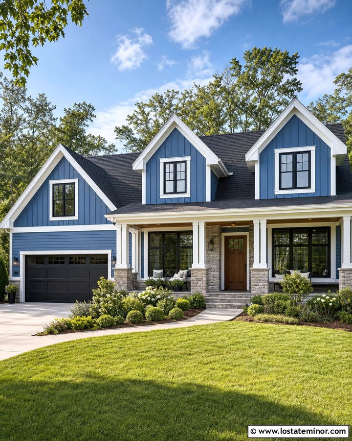 Denim Blue Transitional House With Stone Dormers - 30 Denim Blue House Design With Dormers Ideas