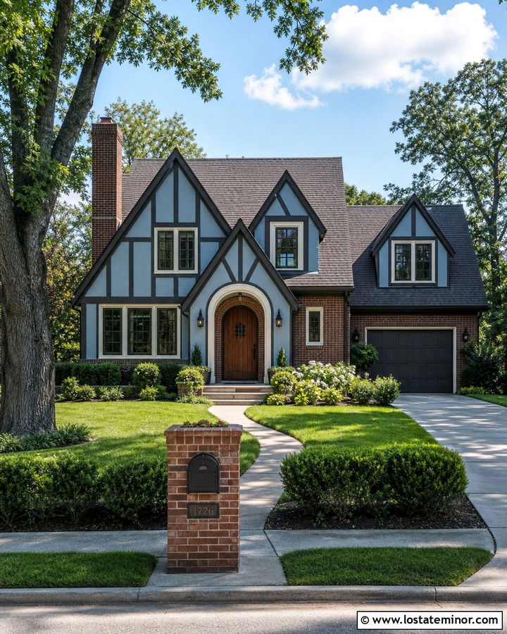 Denim Blue Tudor House With Brick Mailbox - 30 Denim Blue House Design With Mailbox Ideas