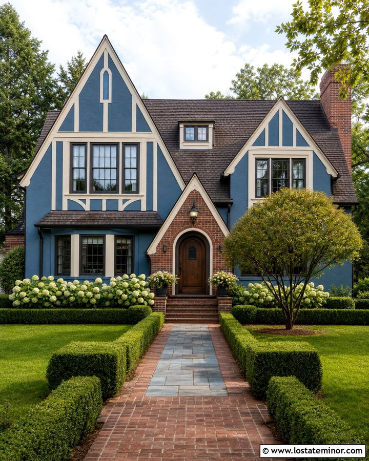 Denim Blue Tudor House With Cream Trim And Formal Hedges - 30 Denim Blue House Design With Landscaping Ideas