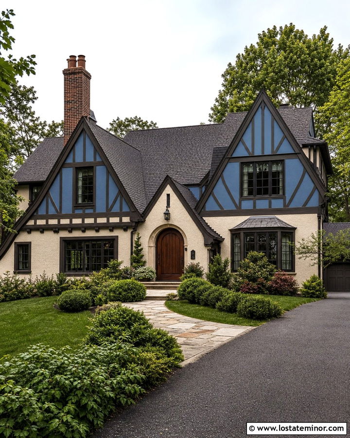 Denim Blue Tudor House With Cross Gables - 30 Denim Blue House Design With Gables Ideas