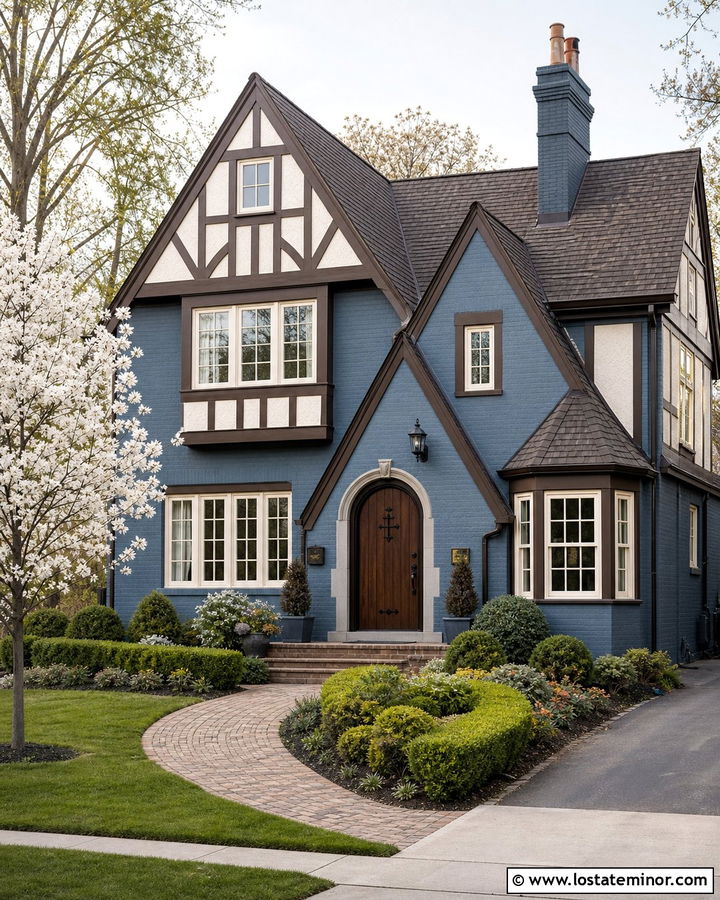 Denim Blue Tudor House With Ivory Window Frames - 30 Denim Blue House Design With Window Frames Ideas