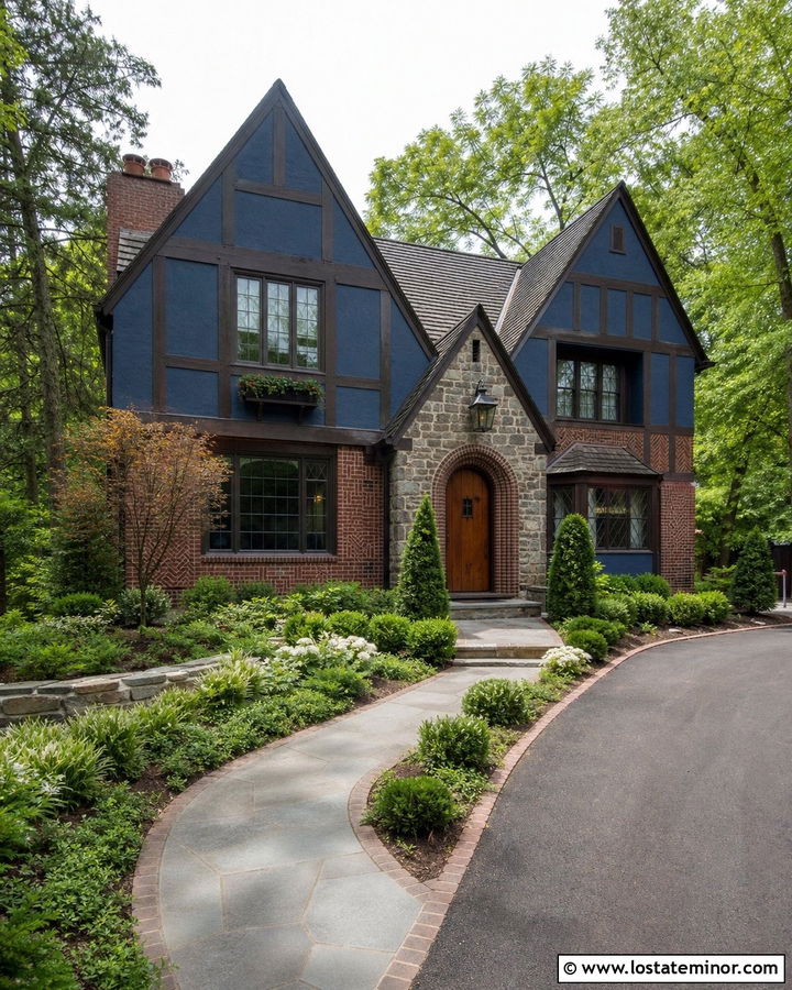 Denim Blue Tudor House With Leaded Glass Lanterns - 30 Denim Blue House Design With Lighting Ideas