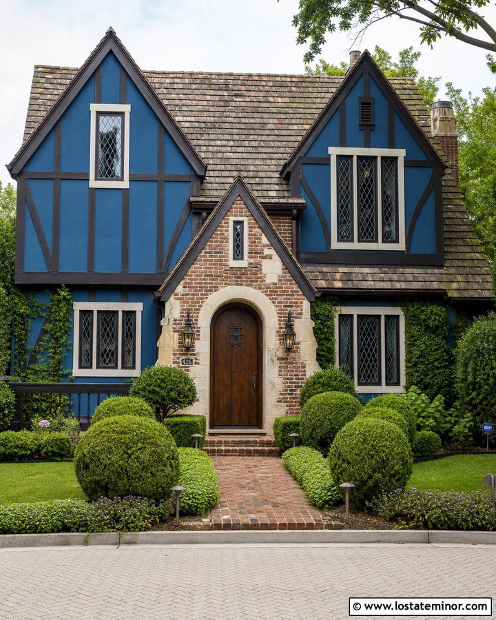 Denim Blue Tudor House With Leaded Glass Lanterns - 30 Denim Blue House Design With Light Fixtures Ideas