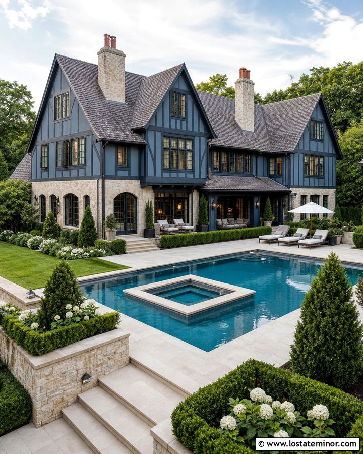 Denim Blue Tudor House With Limestone Pool Patio - 30 Denim Blue House Design With Swimming Pool Ideas