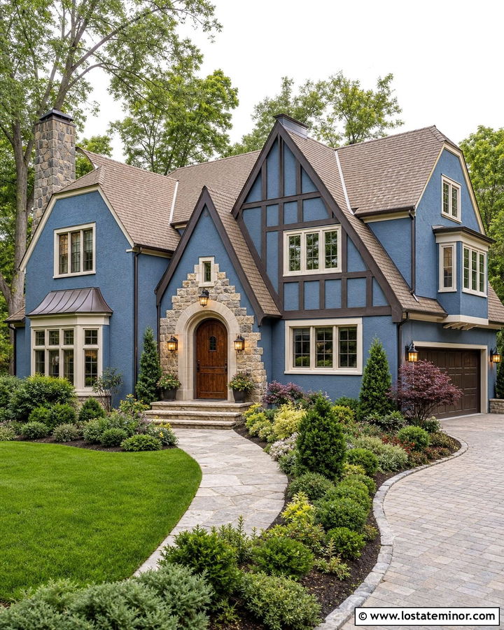 Denim Blue Tudor House With Taupe Shingles - 30 Denim Blue House Design With Shingles Ideas