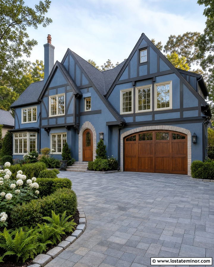 Denim Blue Tudor With Belgian Block Driveway - 30 Denim Blue House Design With Driveway Ideas