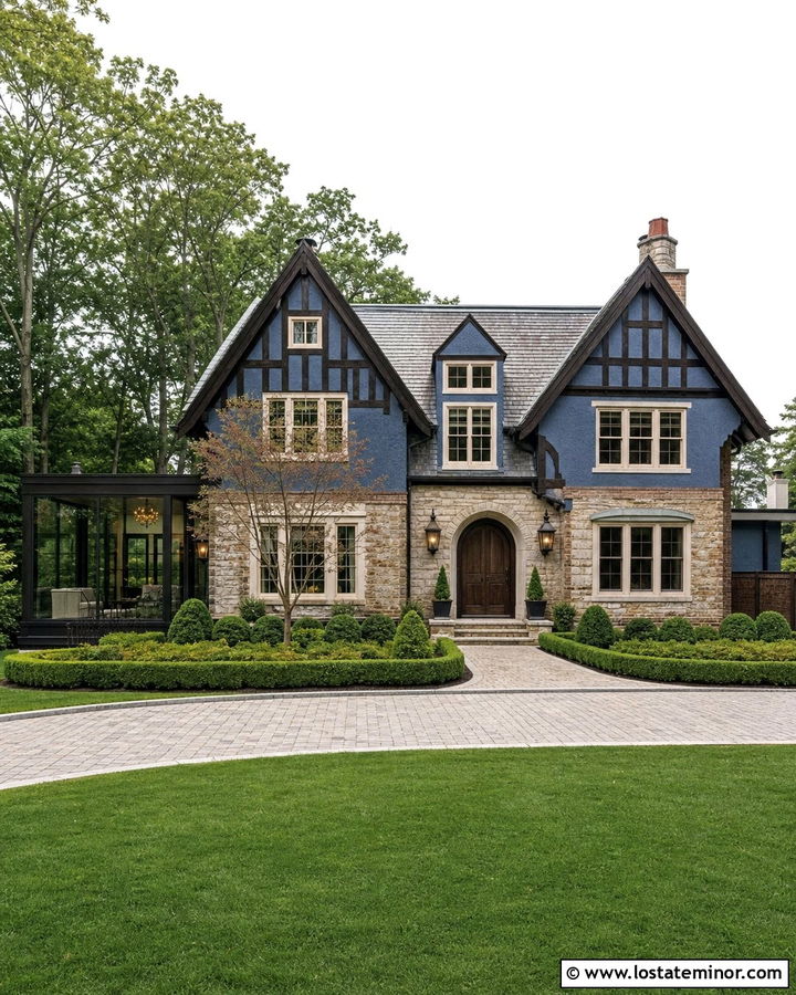 Denim Blue Tudor With Black Frame Sunroom - 30 Denim Blue House Design With Sunroom Ideas