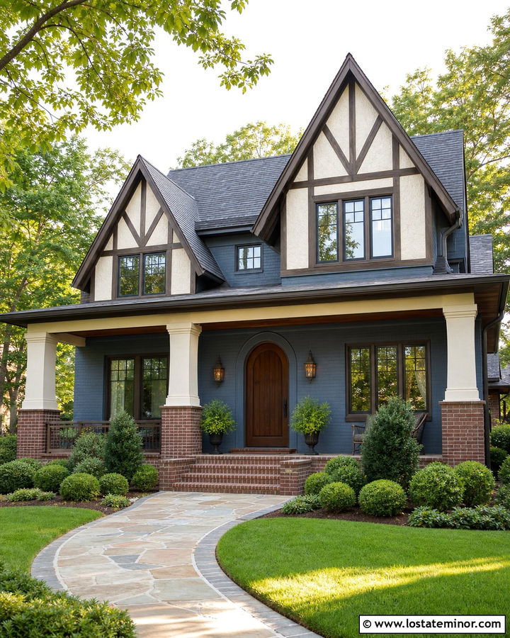 Denim Blue Tudor With Cream Porch Columns - 30 Denim Blue House Design With Porch Columns Ideas