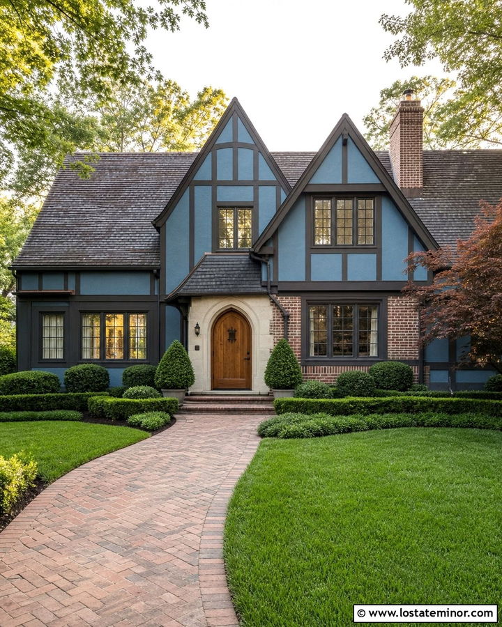 Denim Blue Tudor With Cream Trim - 30 Denim Blue House Design With Accents Ideas