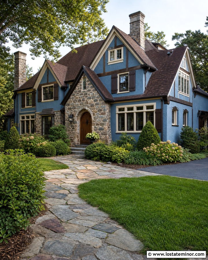 Denim Blue Tudor With Dark Brown Shutters - 30 Denim Blue House Design With Shutters Ideas