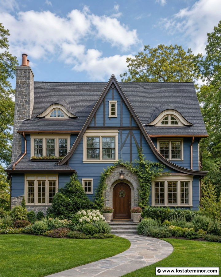Denim Blue Tudor With Eyebrow Dormers - 30 Denim Blue House Design With Dormers Ideas