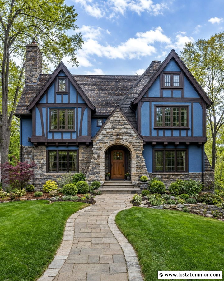 Denim Blue Tudor With Rough Cut Stone - 30 Denim Blue House Design With Stone Accents Ideas