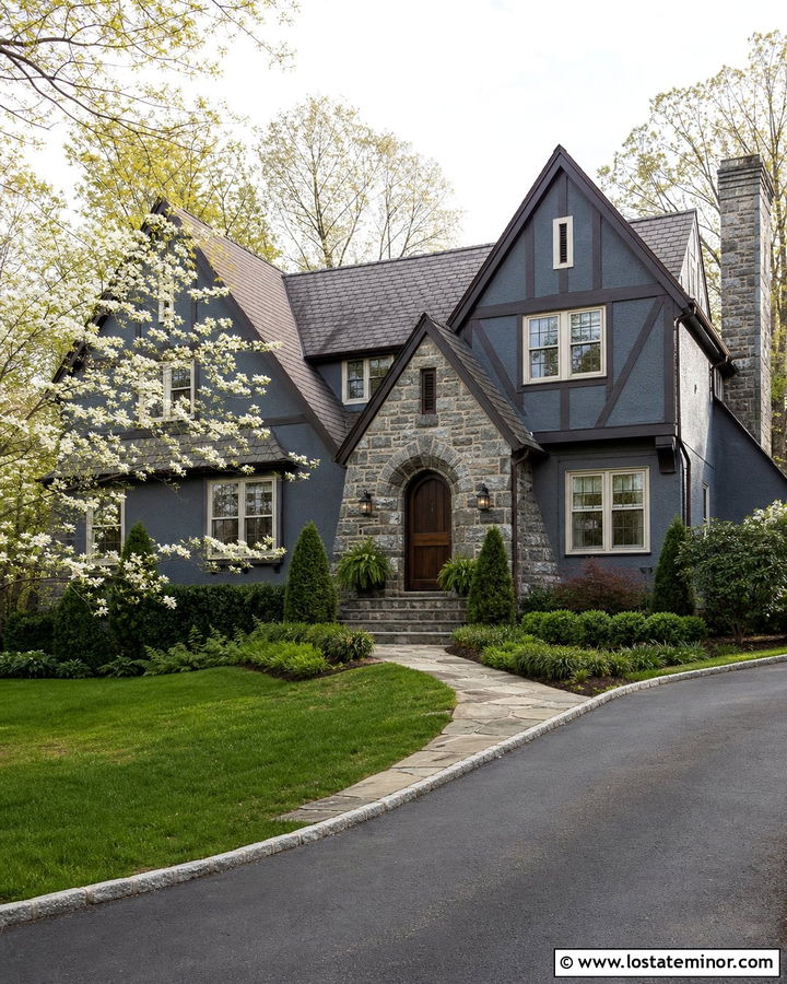Denim Blue Tudor With Stone Front Porch - 30 Denim Blue House Design With Front Porch Ideas