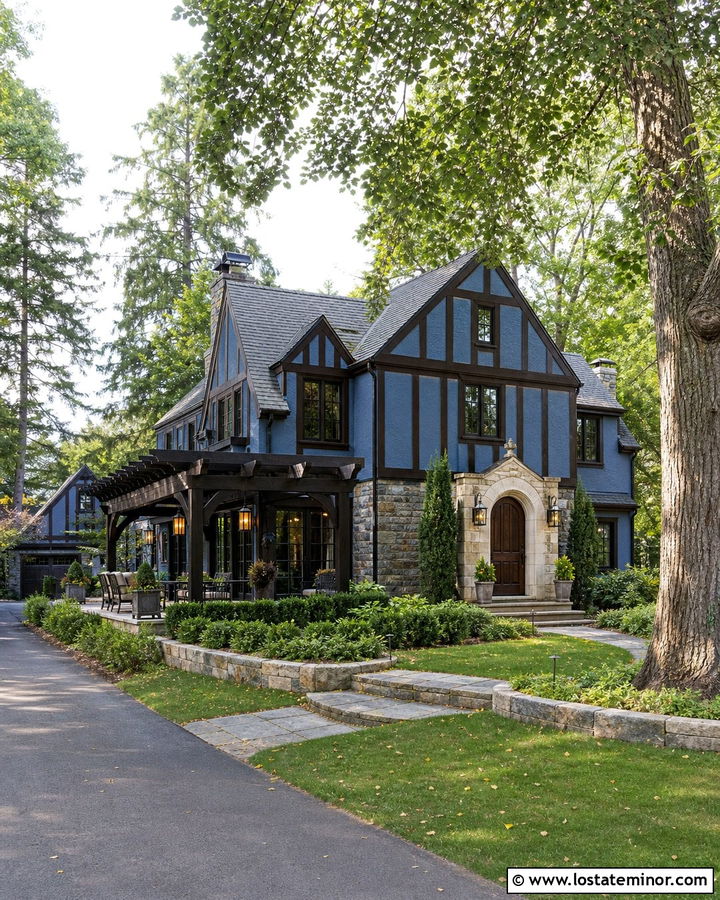 Denim Blue Tudor With Timber Pergola - 30 Denim Blue House Design With Pergola Ideas