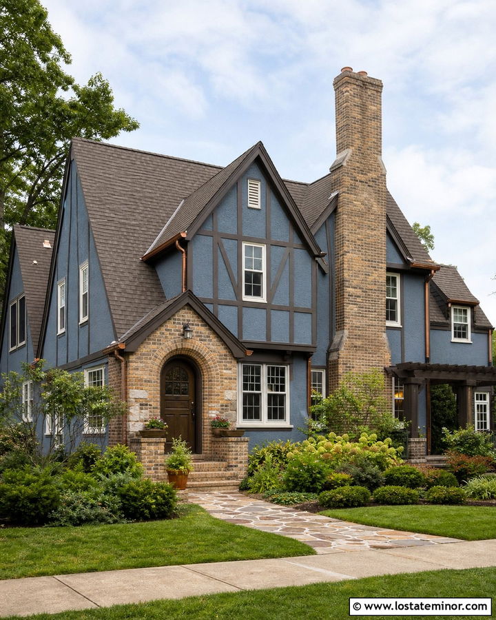 Denim Blue Tudor With Warm Brick Chimney - 30 Denim Blue House Design With Chimney Ideas