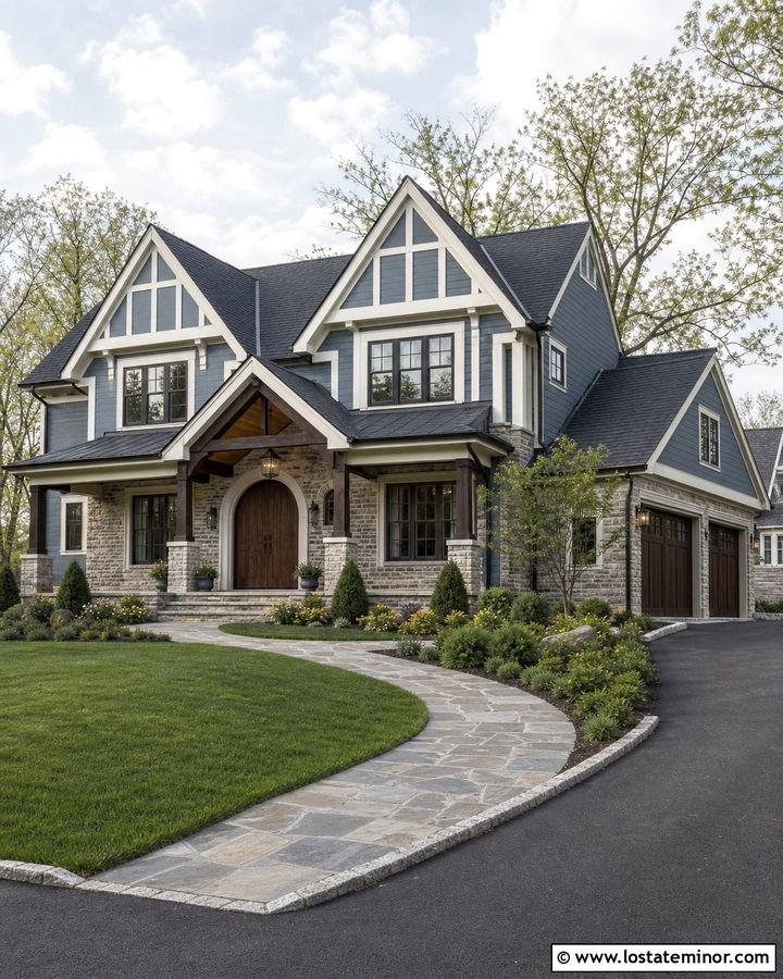 Denim Blue Tudor With Wood Beam Porch Ceiling - 30 Denim Blue House Design With Porch Ceiling Ideas