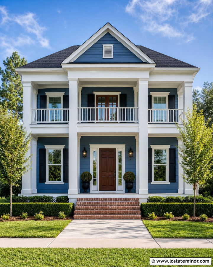 Denim Blue Two Story House With Balcony Columns - 30 Denim Blue House Design With Porch Columns Ideas