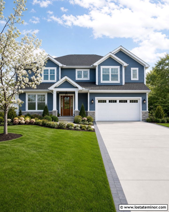 Denim Blue Two Story House With Brushed Concrete Driveway - 30 Denim Blue House Design With Driveway Ideas