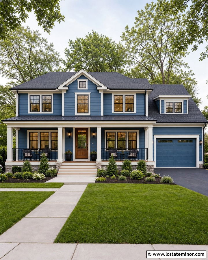 Denim Blue Two Story House With Full Front Porch - 30 Denim Blue House Design With Front Porch Ideas