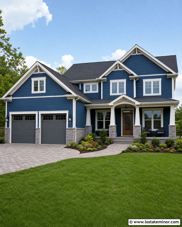 Denim Blue Two Story House With Gray Screen Door - 30 Denim Blue House Design With Screen Door Ideas
