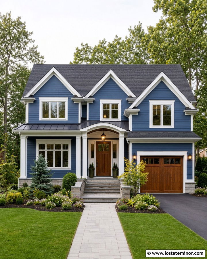 Denim Blue Two Story House With Layered Foundation Beds - 30 Denim Blue House Design With Landscaping Ideas